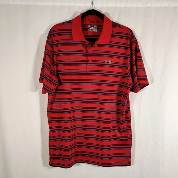 Under Armour Golf Polo Men's Large Red Striped Short Sleeve Collared Loose - Picture 1 of 9